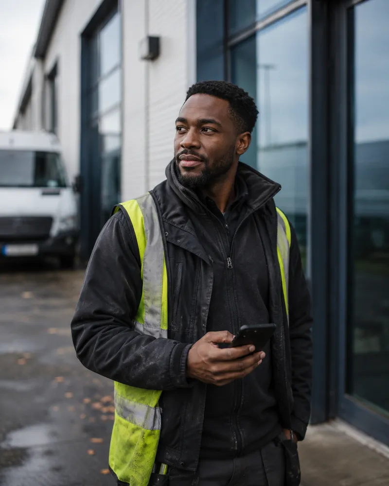 A facilities worker in hi-vis at a business park