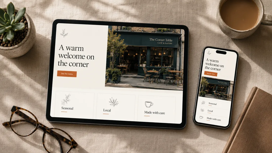 A café one-page website shown on a tablet and a phone
